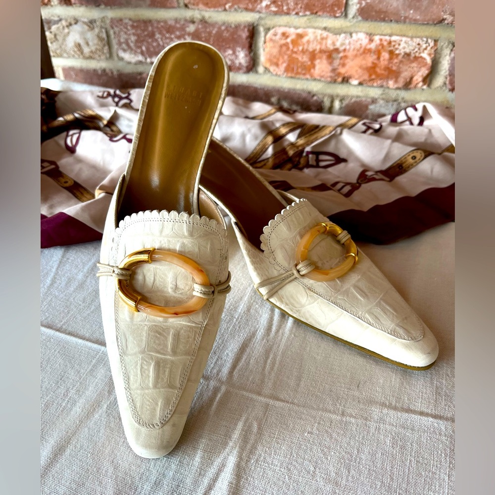 Stuart Weitzman Crocodile Embossed Leather Mule 9N